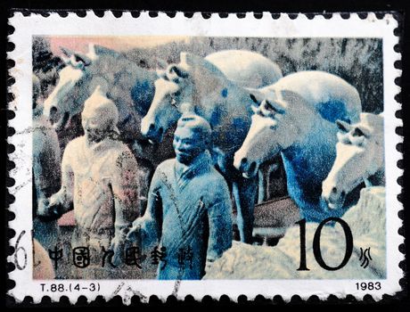 CHINA - CIRCA 1983: A stamp printed in China shows the Terracotta warriors and horses, circa 1983