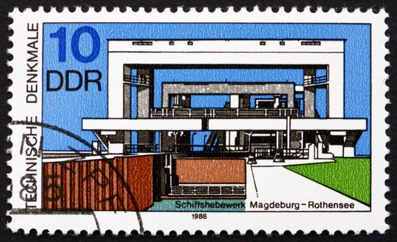 GDR - CIRCA 1988: a stamp printed in GDR shows Ship Lift, Magdeburg-Rothensee, circa 1988