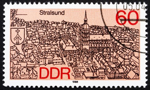 GDR - CIRCA 1988: a stamp printed in GDR shows Stralsund, District Capital, Vorpommern-Rugen, Germany, circa 1988