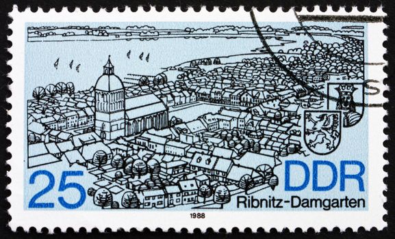 GDR - CIRCA 1988: a stamp printed in GDR shows Ribnitz-Damgarten, Town in Vorpommern-Rugen, Germany, circa 1988