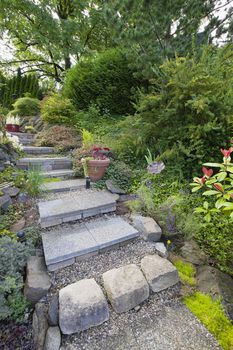 Garden Cement Tile Stair Steps Leading up to Backyard Patio