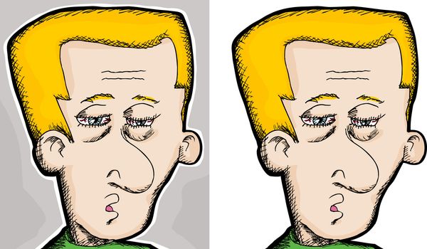 Cartoon of a tired European man with bloodshot eyes