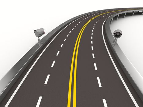 asphalted road with camera on white. Isolated 3D image