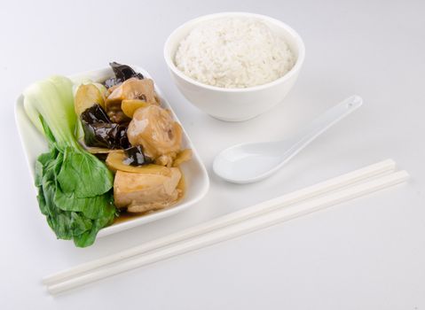 Chicken with rice and vegetables in background