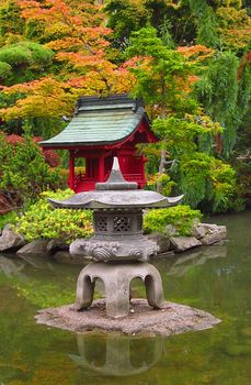 A photograph of an Asian style garden located at a public park.