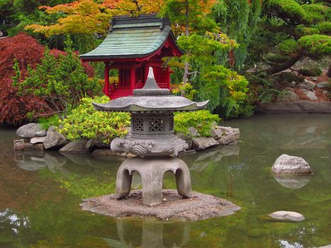 A photograph of an Asian style garden located at a public park.