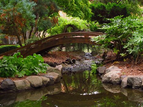 A photograph of an Asian style garden located at a public park.