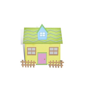 Cartoon house from recycle paper on white background