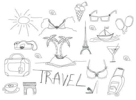 Hand drawn travel doodles. Vector illustration.