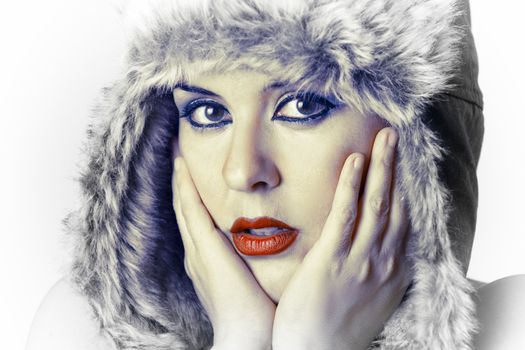 Beautiful winter woman looking over white background