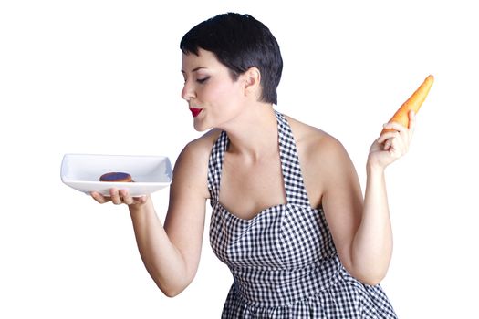 beautiful woman questioning her diet between health and high calorie