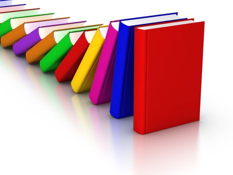 3D rendered row of colourful books domino effects.