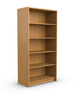 3D rendered empty bookshelf on white background.