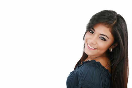 portrait of attractive caucasian smiling woman brunette isolated on white studio shot