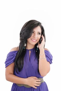 young woman talking cellphone isolated over white background