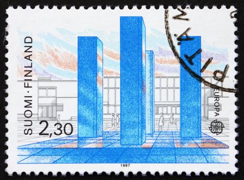 FINLAND - CIRCA 1987: a stamp printed in the Finland shows Stoa Monument, Helsinki, 1981, by Sculptor Hannu Siren, circa 1987