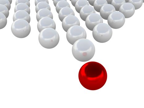The red ball is located ahead of white balls