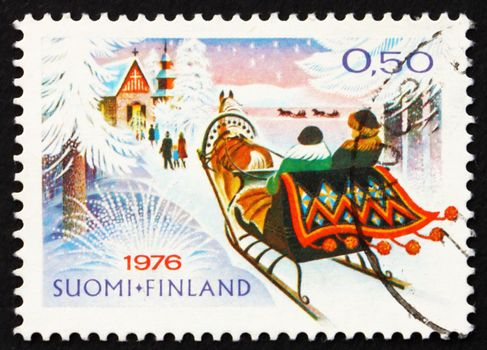 FINLAND - CIRCA 1976: a stamp printed in the Finland shows Christmas Morning Ride to Church, circa 1976