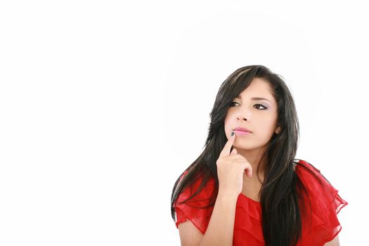 Portrait of a beautiful young woman thinking, isolated on white background