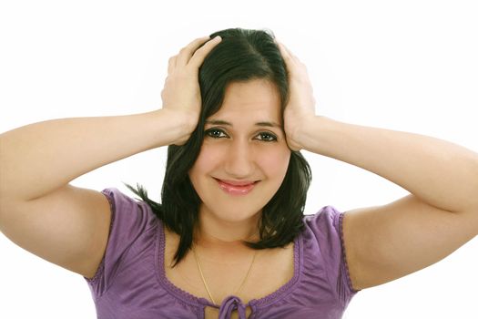 Headache - Young woman holding head in pain over white background