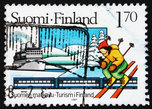 FINLAND - CIRCA 1987: a stamp printed in the Finland shows Skier, Centenary of National Tourism, circa 1987