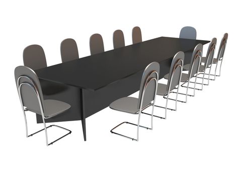 Long table and ten chairs on a white background