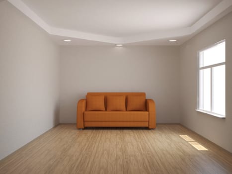 Interior of a room with an orange sofa