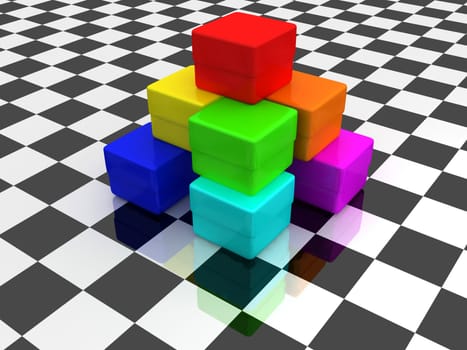 Color boxes standing on the tiled floor