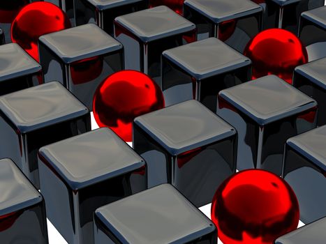 Red balls and black cubes on a white background