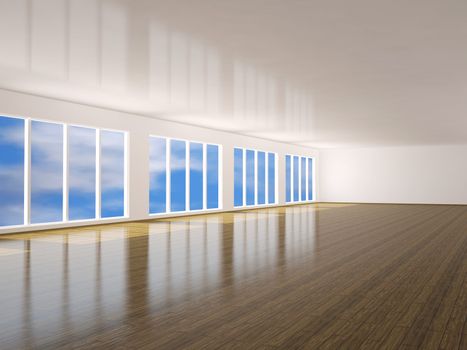 A large hall with a big windows 