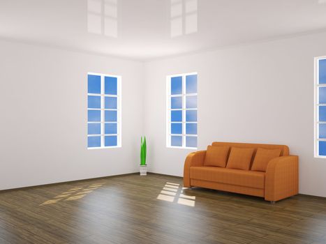 The minimalist interior with orange sofa and plant