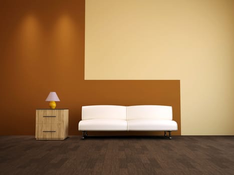 The minimalist interior with a white sofa