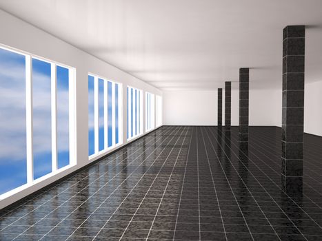 A large hall with windows and columns