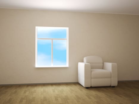 The white armchair is near a window