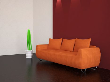 The minimalist interior with orange sofa and plant