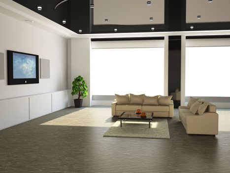 The interior of a large room with white sofa and TV