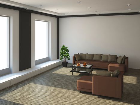 The interior of a large room with brown sofa