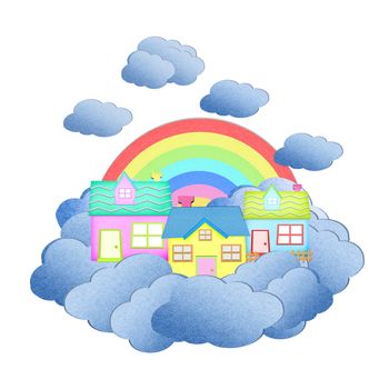 house from recycle paper on a cloud over the sky with rainbow