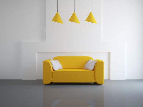 Interior of a room with an orange sofa