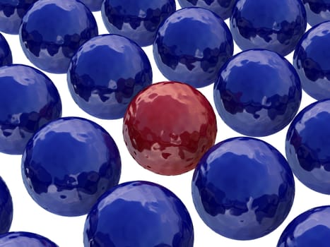 Red ball among dark blue balls on a white background
