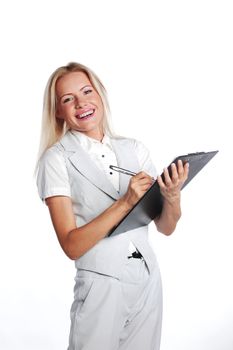 business woman writing in notebook on a white background