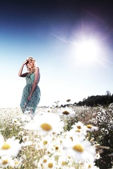  beautiful girl  in dress on the sunny daisy flowers field 