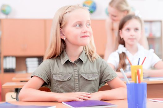 portrait of students in the classroom, sit at school desks