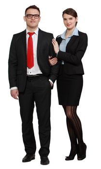 Young business couple isolated against a white background.