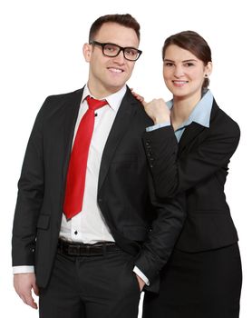 Young business couple isolated against a white background.