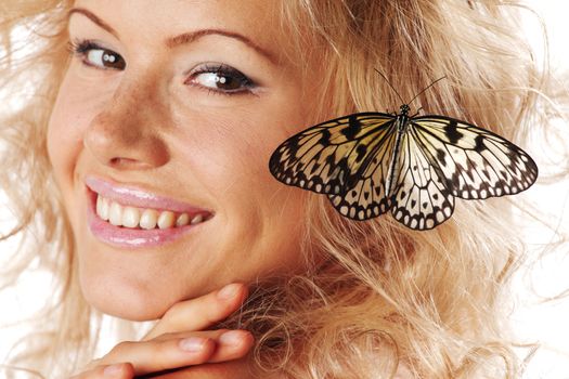 woman and butterfly on white