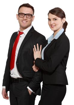 Young business couple isolated against a white background.