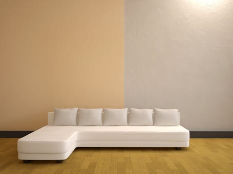 The minimalist interior with a white sofa