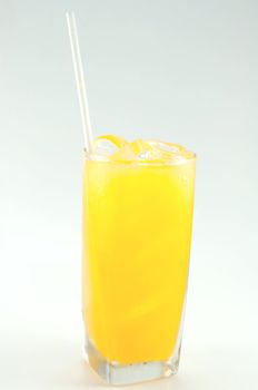 a glass of orange juice on white background