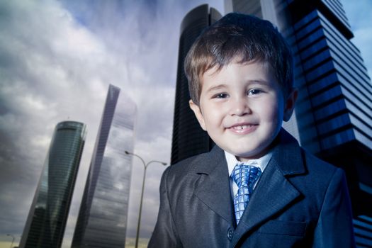 child dressed businessman smiling